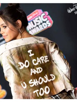 Jenna Ortega I Do Care And You Should Too White And Brown Leather Jacket
