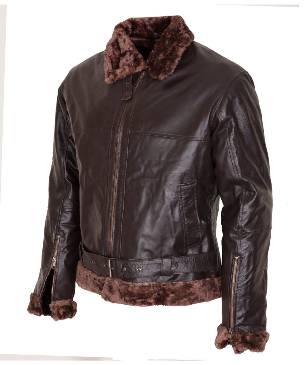 Aviator Mens Brown Sheepskin Shearling B3 Fur Leather Jacket