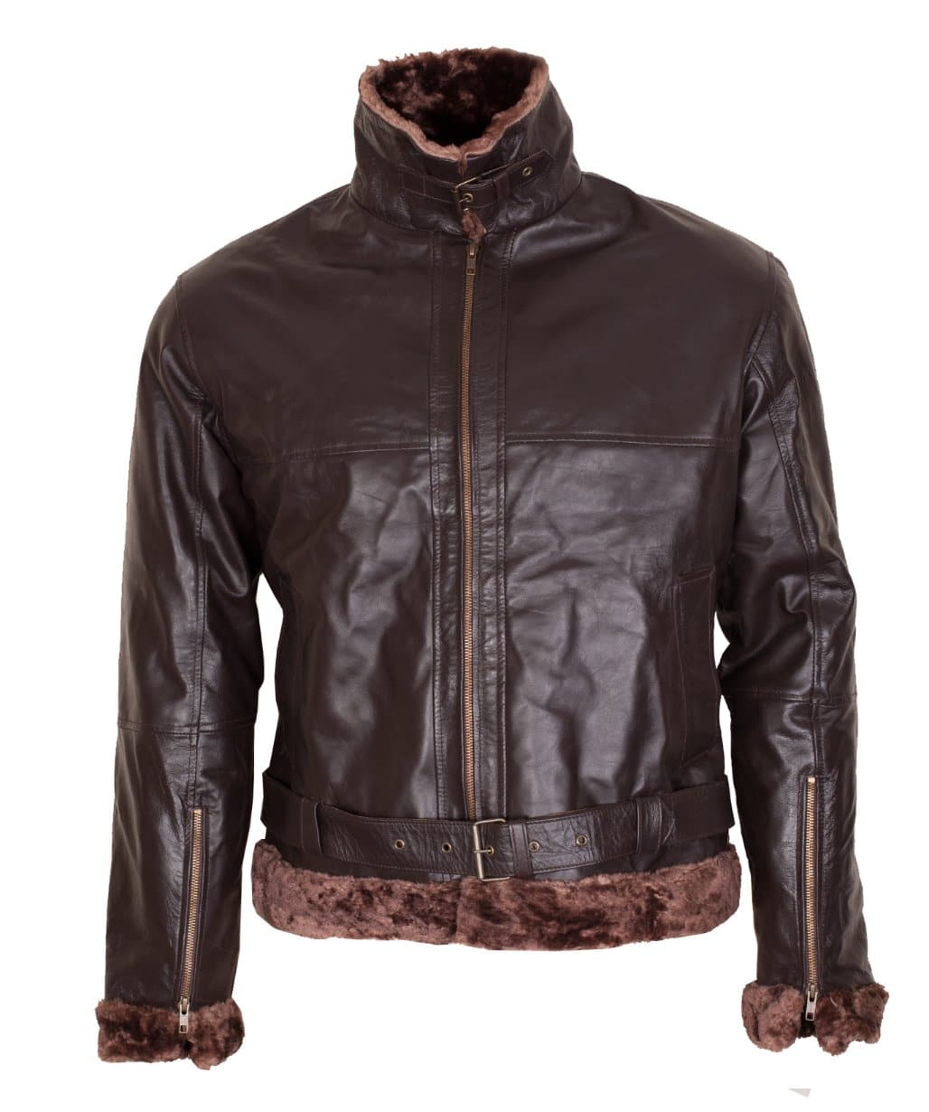 Aviator Mens Brown Sheepskin Shearling B3 Fur Leather Jacket