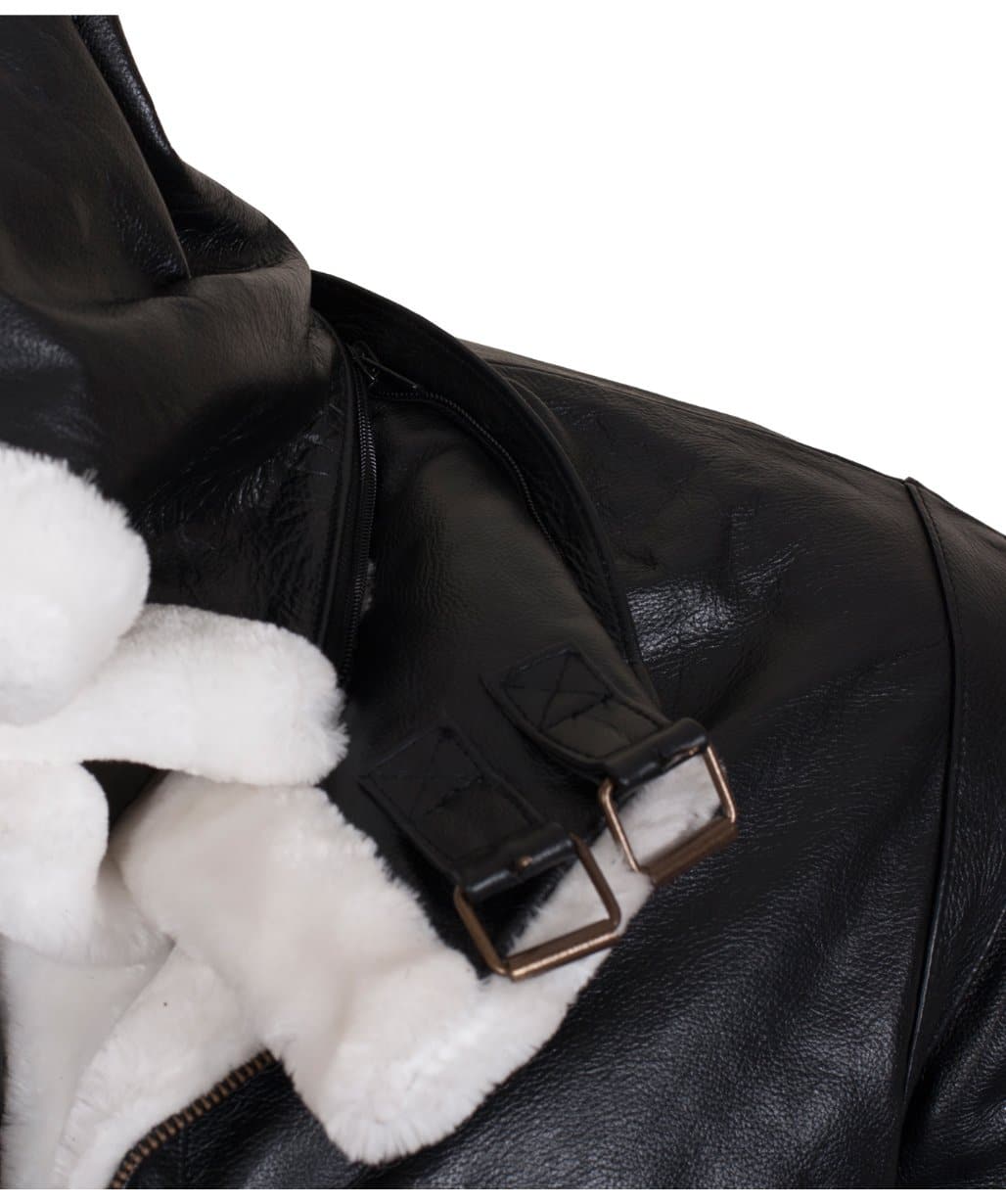 B3 Bomber Men's Black Sheepskin Leather Fur Hooded JacketĀ