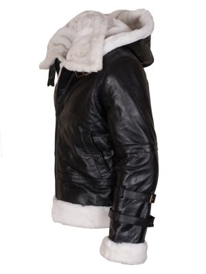 B3 Bomber Men's Black Sheepskin Leather Fur Hooded JacketĀ