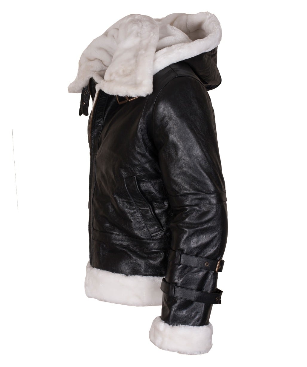 B3 Bomber Men's Black Sheepskin Leather Fur Hooded JacketĀ