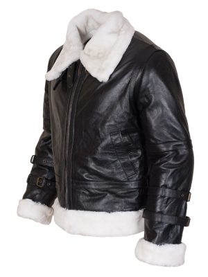 B3 Bomber Men's Black Sheepskin Leather Fur Hooded JacketĀ