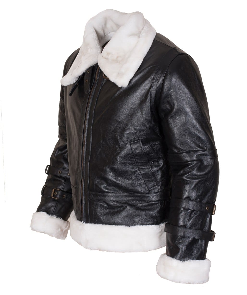 B3 Bomber Men's Black Sheepskin Leather Fur Hooded JacketĀ