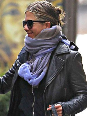 Jennifer Aniston Cropped Black Leather Moto Jacket