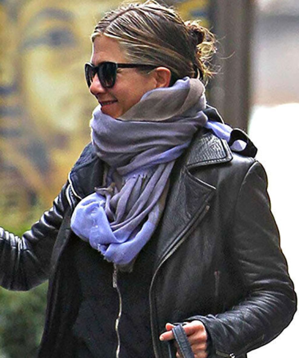 Jennifer Aniston Cropped Black Leather Moto Jacket
