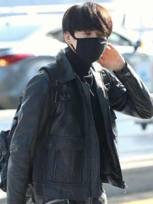 Jungkook Street Fashion Black Leather Jacket