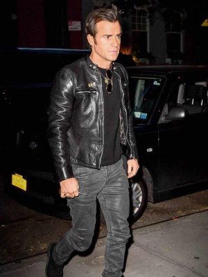 Justin Theroux Street Fashion Black Leather Jacket Outfit