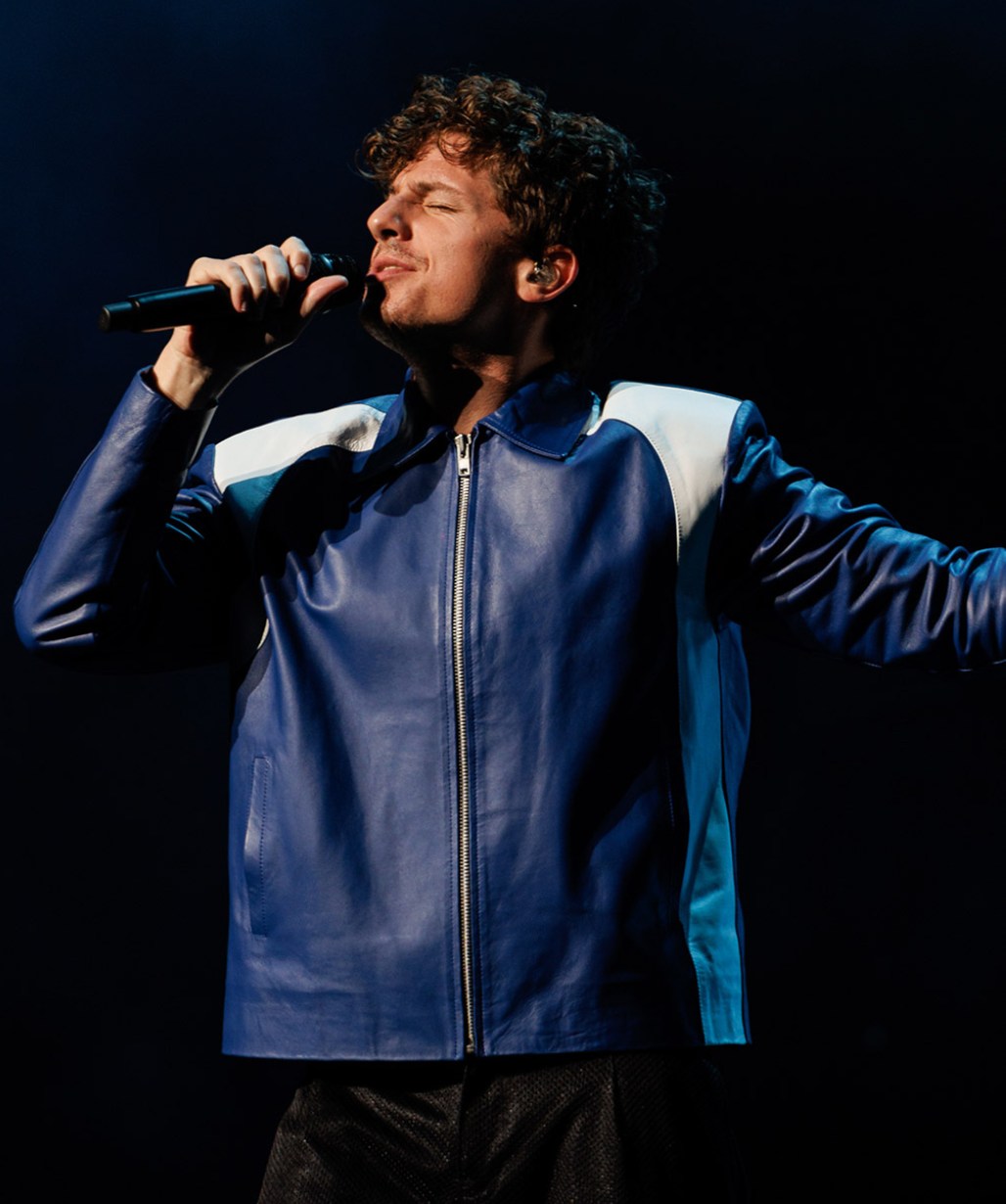 Charlie Puth FPL Solar Amphitheater Downtown Miami Concert Blue Leather Jacket