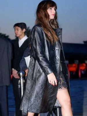 Dakota Johnson Gucci Cruise Fashion Show Leather Coat
