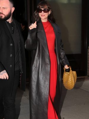 Dakota Johnson NYC Style 2024 Matt Black Leather Trench Coat