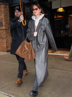 Dakota Johnson NYC Style 2024 Matt Black Leather Trench Coat