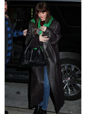 Dakota Johnson NYC Style 2024 Matt Black Leather Trench Coat