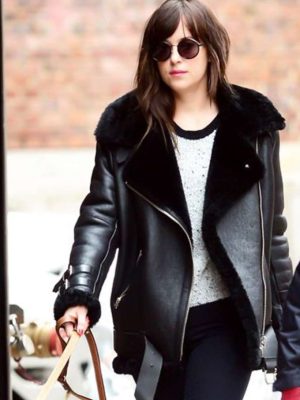 Dakota Johnson Street Wear Black Faux Fur Leather Jacket