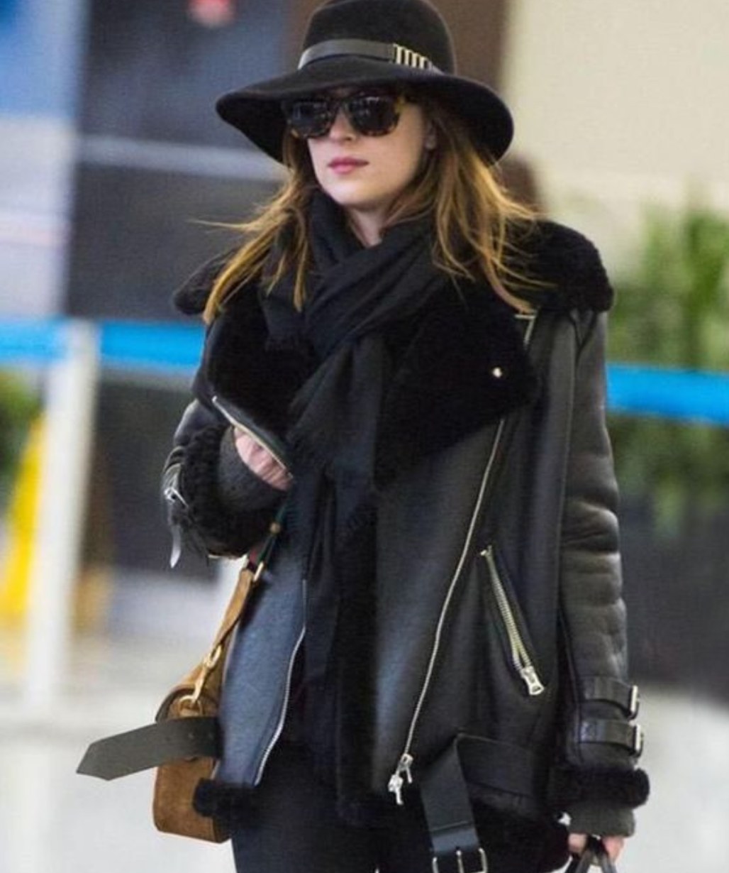 Dakota Johnson Street Wear Black Faux Fur Leather Jacket