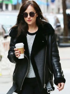 Dakota Johnson Street Wear Black Faux Fur Leather Jacket