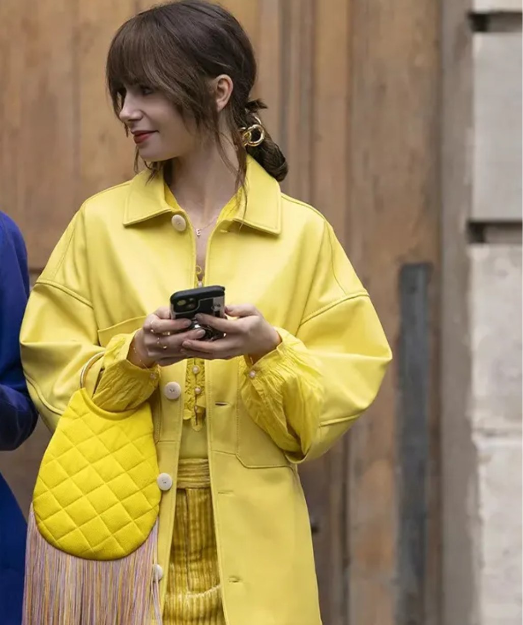Emily In Paris S04 Lily Collins Yellow Leather Jacket