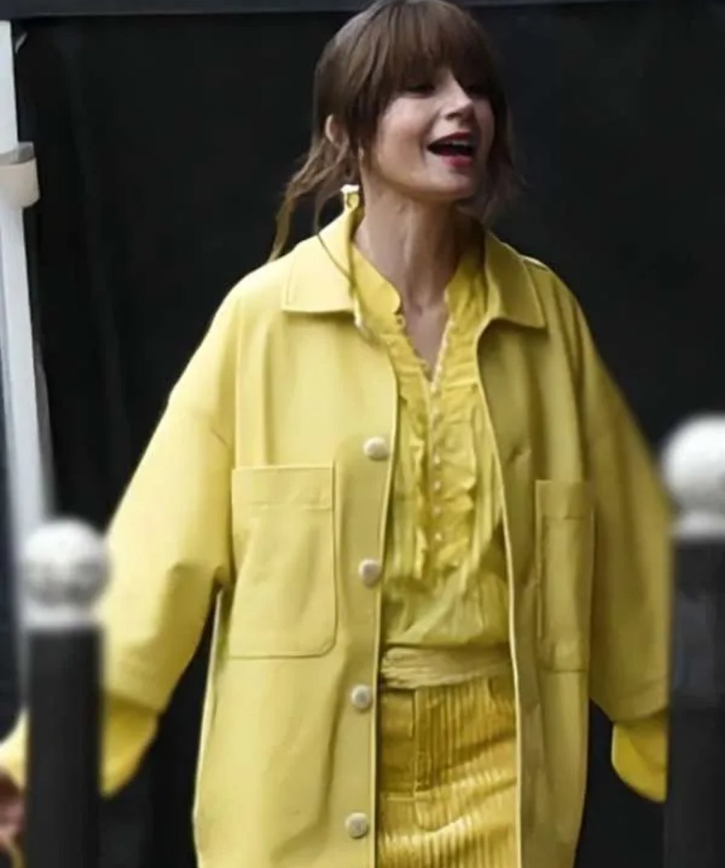 Emily In Paris S04 Lily Collins Yellow Leather Jacket