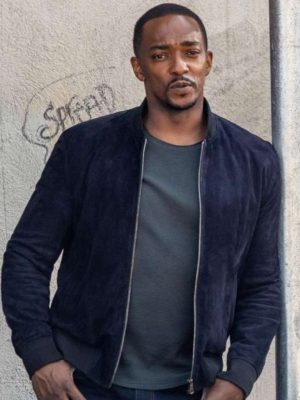 Sam Wilson Captain America Brave New World 2025 Anthony Mackie Blue Bomber Suede Leather Jacket