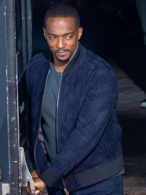 Sam Wilson Captain America Brave New World 2025 Anthony Mackie Blue Bomber Suede Leather Jacket