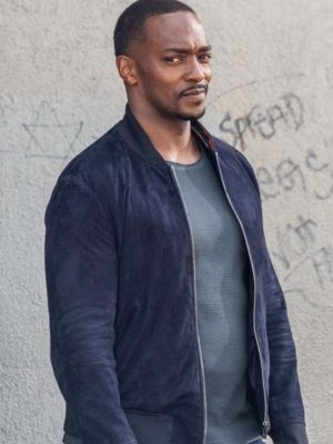 Sam Wilson Captain America Brave New World 2025 Anthony Mackie Blue Bomber Suede Leather Jacket