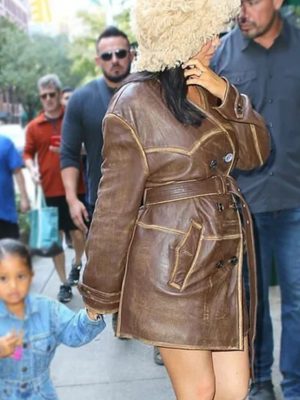 Kylie Jenner Distressed Brown Leather Coat