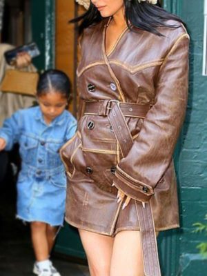 Kylie Jenner Distressed Brown Leather Coat