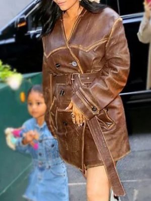 Kylie Jenner Distressed Brown Leather Coat