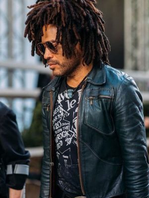 Lenny Kravitz Dior Men Fashion Show Teal Blue Leather Jacket