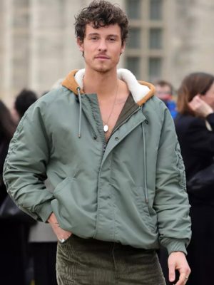 Shawn Mendes Paris Fashion Week Green Cotton Bomber Hooded Jacket