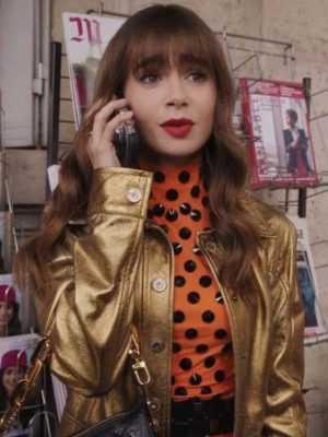 Lily Collins Emily In Paris S04 Emily Cooper Golden Faux Leather Coat