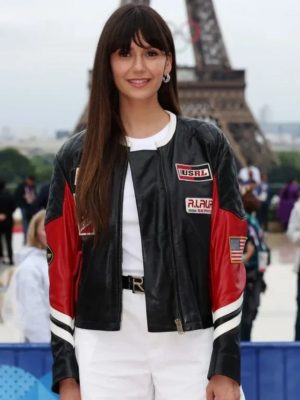 Nina Dobrev Olympics Games Paris 2024 Opening Ceremony Black Leather Jacket