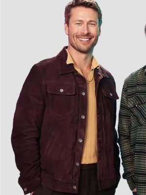 Glen Powell Hit Man 2024 Gary Johnson Movie Premiere Brown Suede Leather Jacket