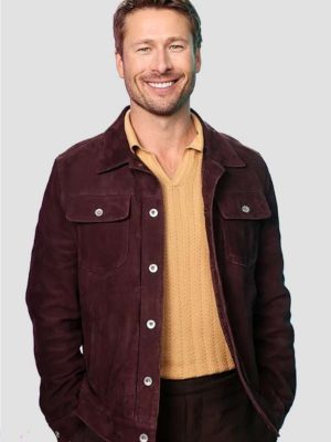 Glen Powell Hit Man 2024 Gary Johnson Movie Premiere Brown Suede Leather Jacket