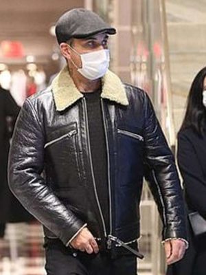Robbie Williams Milan Street Style Black Leather Shearling Jacket
