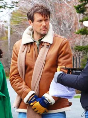 John Reardon Believe In Christmas 2024 Ethan Crane Brown Leather Shearing Jacket