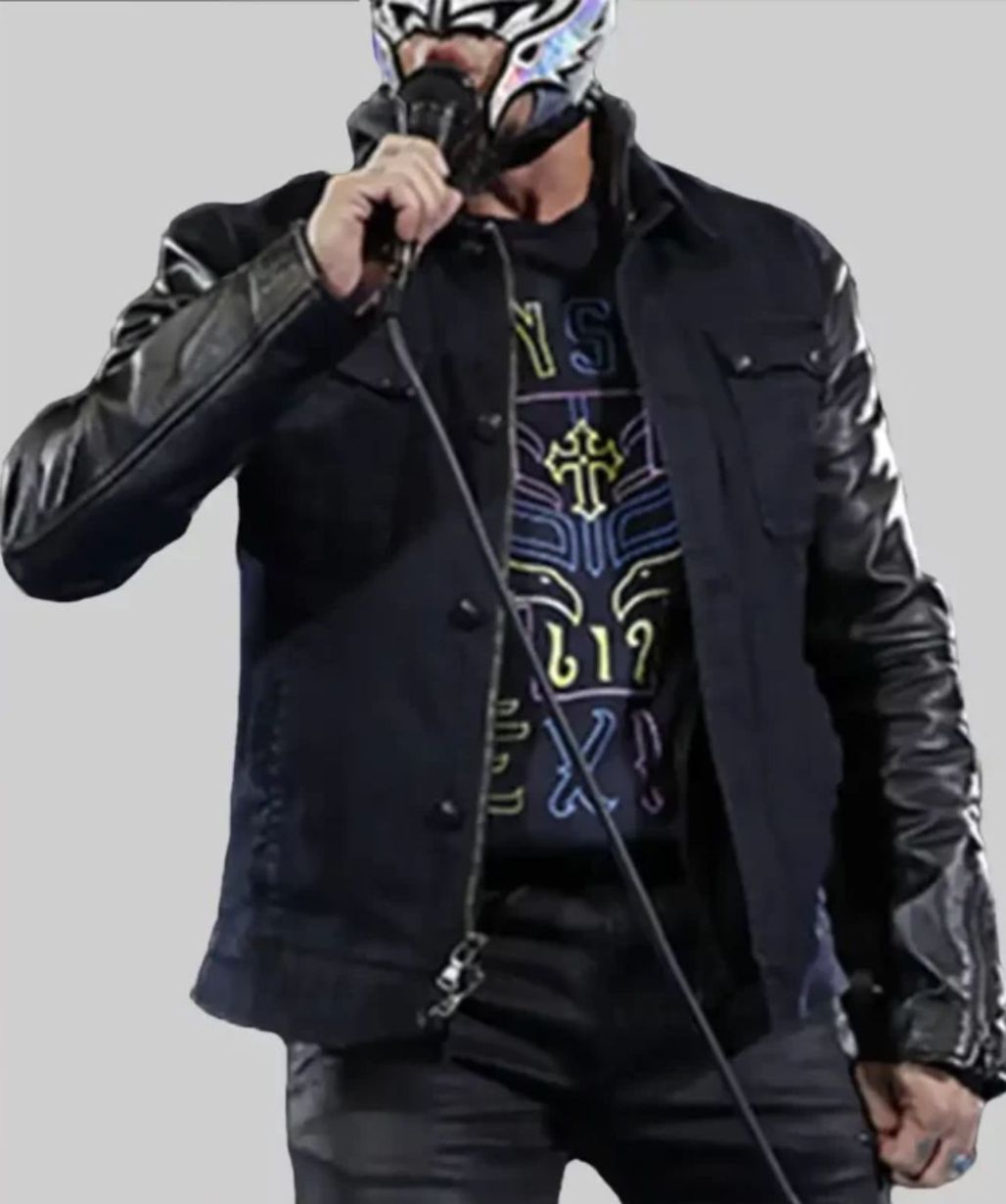 Rey Mysterio WWE Wrestler Black Denim Jacket With Leather Sleeves