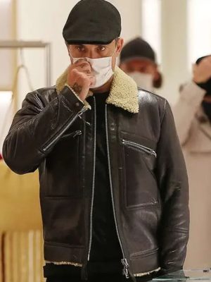 Robbie Williams Milan Street Style Black Leather Shearling Jacket