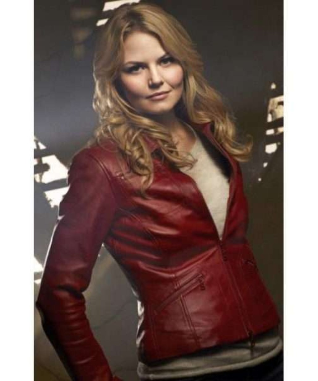 SP Women's Red Leather Biker Jacket - Once Upon A Time Emma Swan Style - Waist Length