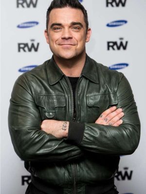 Robbie Williams Green Leather Bomber Jacket