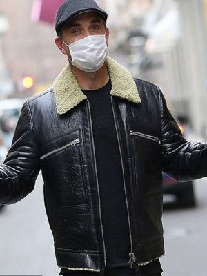 Robbie Williams Milan Street Style Black Leather Shearling Jacket