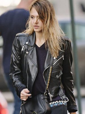 Jessica Alba Black Leather Biker Jacket