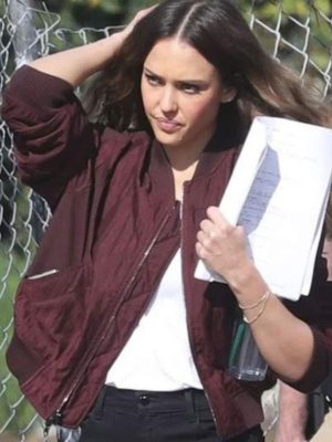Jessica Alba L.A.'s Finest Maroon Satin Bomber Jacket