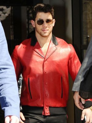 Nick Jonas Red Leather Letterman Jacket