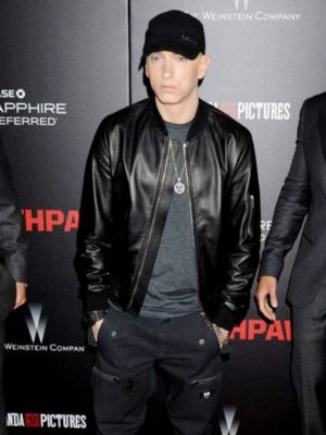 Eminem Red Carpet 2015 Black Leather Bomber Jacket