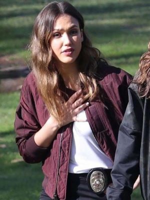 Jessica Alba L.A.'s Finest Maroon Satin Bomber Jacket
