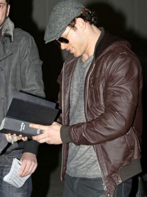 Kellan Lutz Brown Leather Bomber Jacket