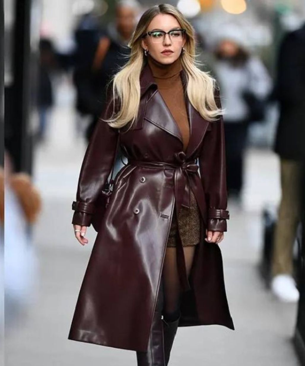 Sydney Sweeney Street Style Brown Leather Trench Coat