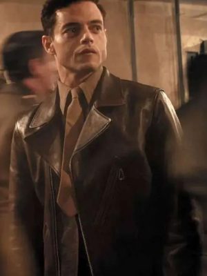 Rami Malek The Amateur 2025 Charles Heller Brown Leather Coat
