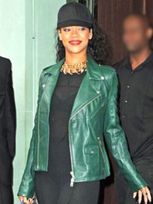 Rihanna Green Leather Biker Jacket